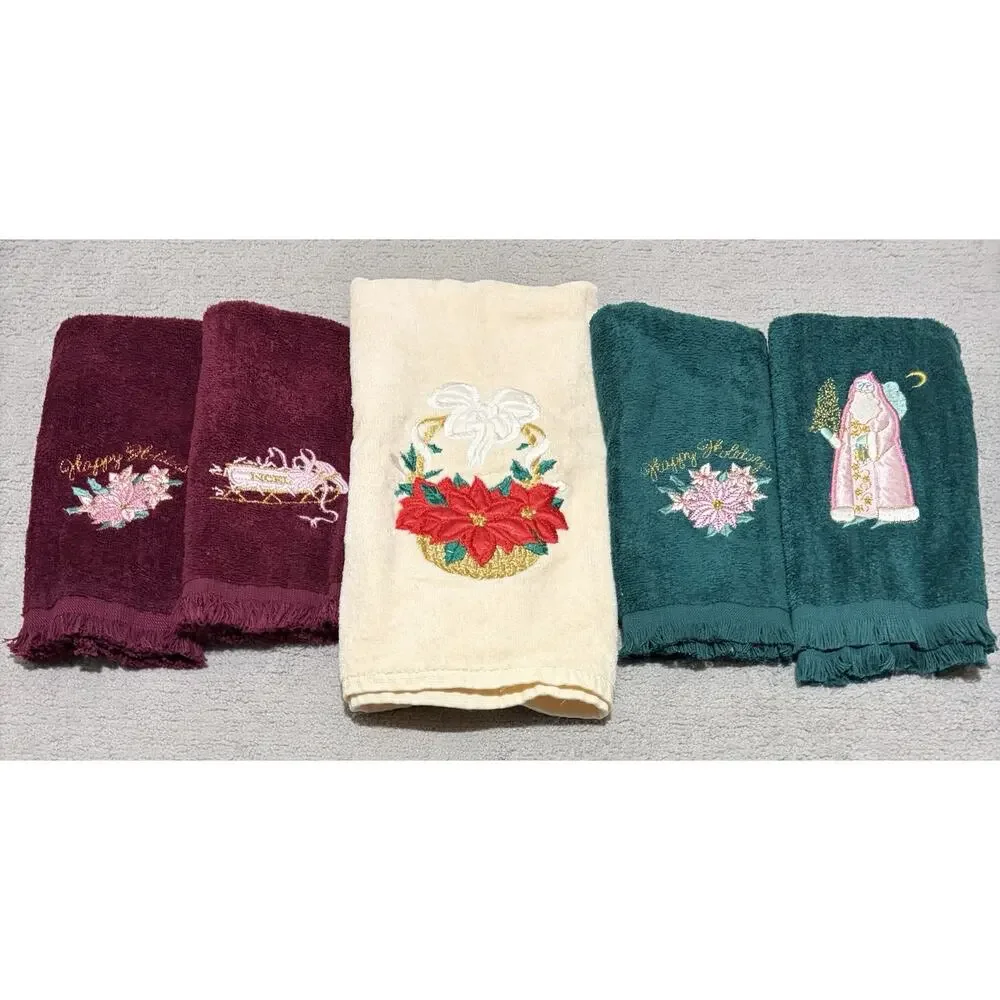 Hand Towel Christmas Lot (5) Satin Embroidered Victorian Saturday Knight Vintage